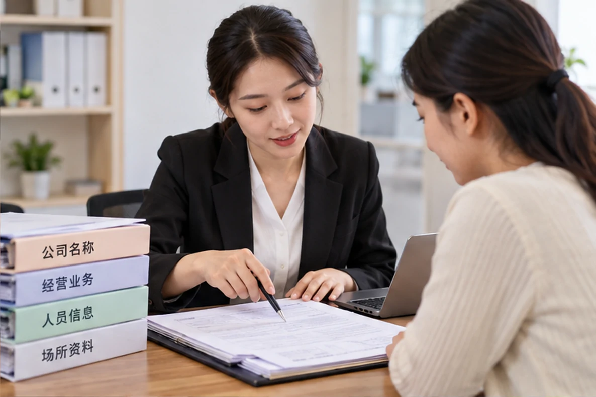 核对注册公司资料与办理事项的服务场景示意