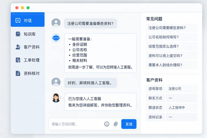 在线客服接待与咨询整理的服务场景示意