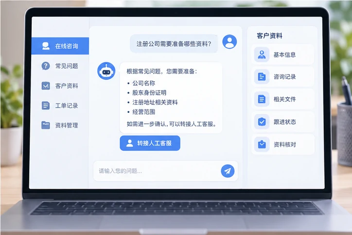 在线客服接待与咨询整理的服务场景示意