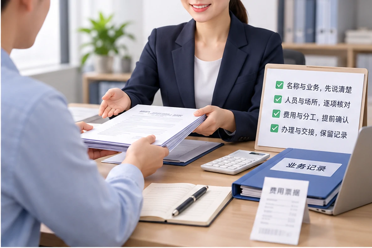 核对注册公司资料与办理事项的服务场景示意