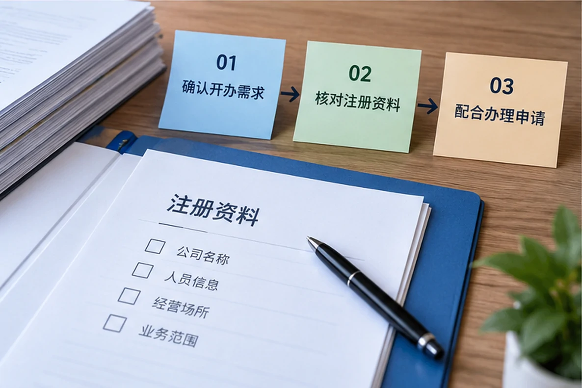 核对注册公司资料与办理事项的服务场景示意