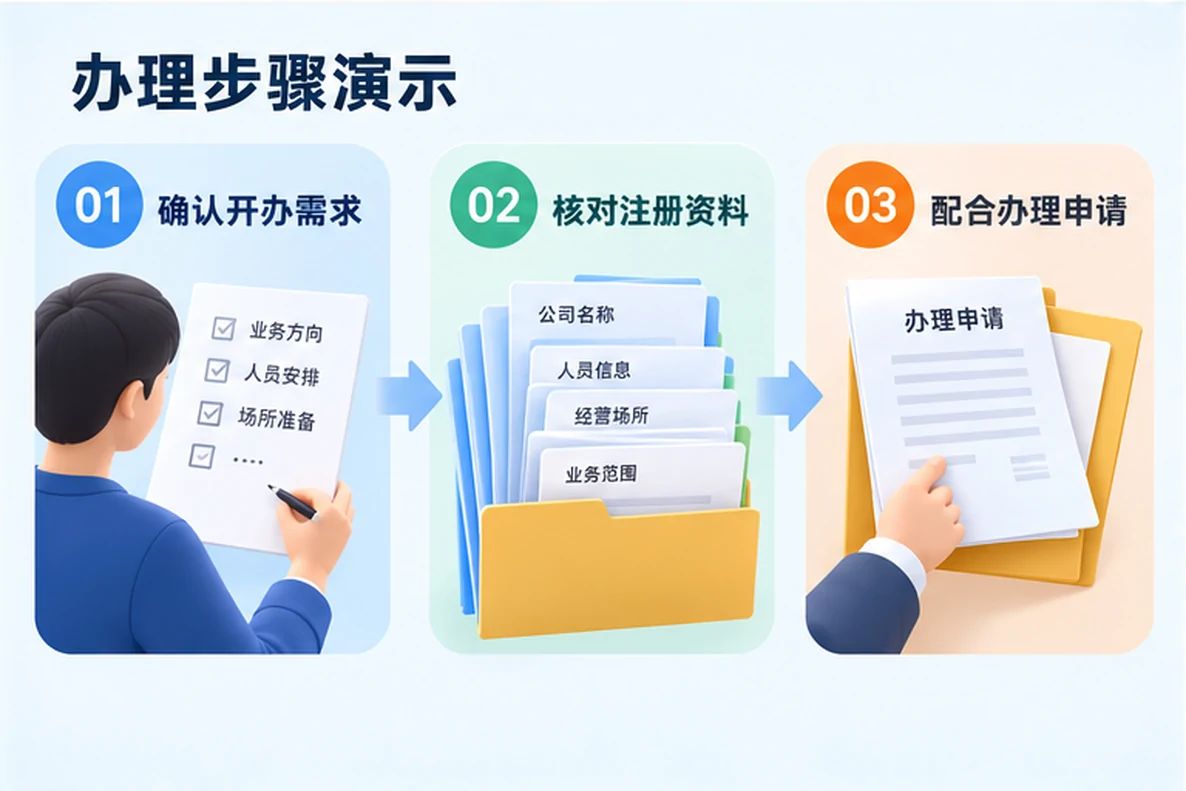 核对注册公司资料与办理事项的服务场景示意