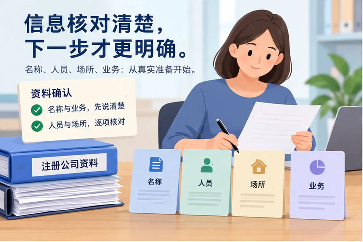 核对注册公司资料与办理事项的服务场景示意
