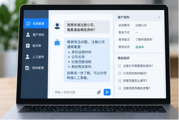 在线客服接待与咨询整理的服务场景示意