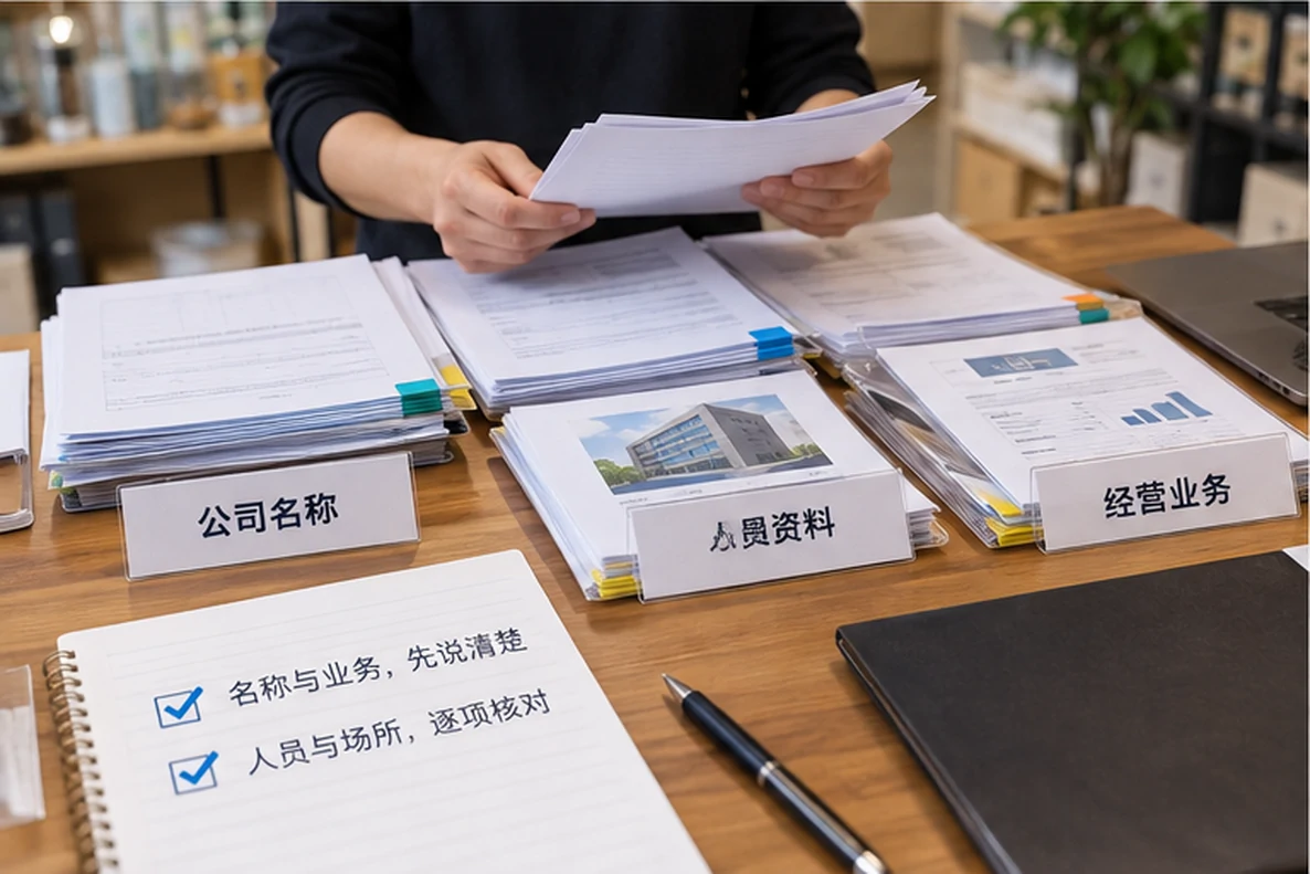 核对注册公司资料与办理事项的服务场景示意