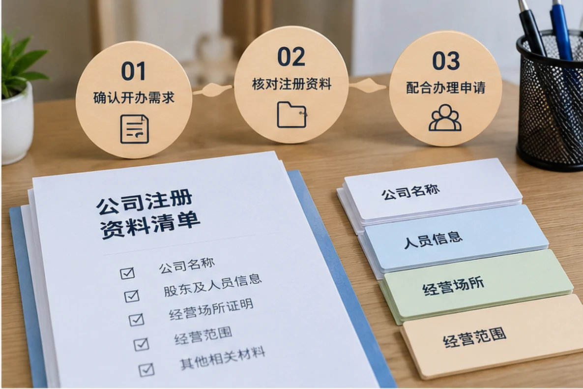 核对注册公司资料与办理事项的服务场景示意