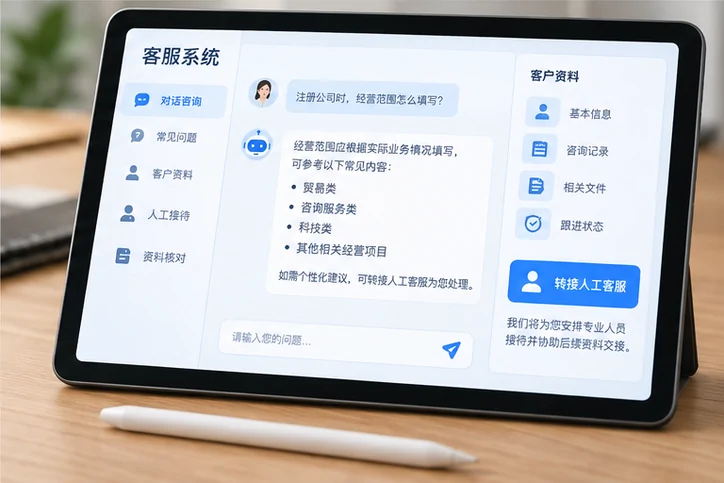在线客服接待与咨询整理的服务场景示意
