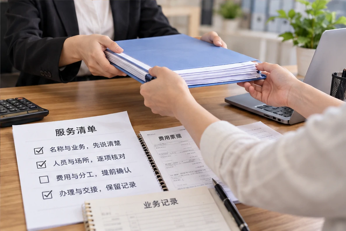 核对注册公司资料与办理事项的服务场景示意