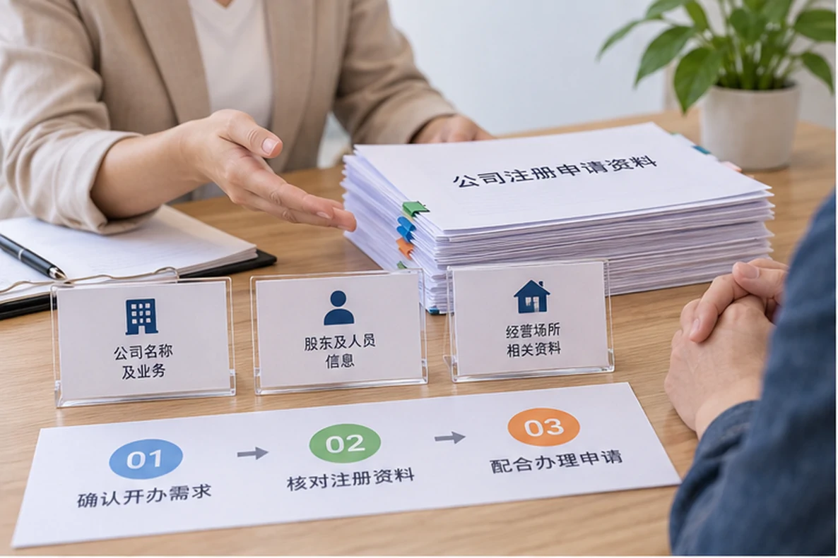 核对注册公司资料与办理事项的服务场景示意