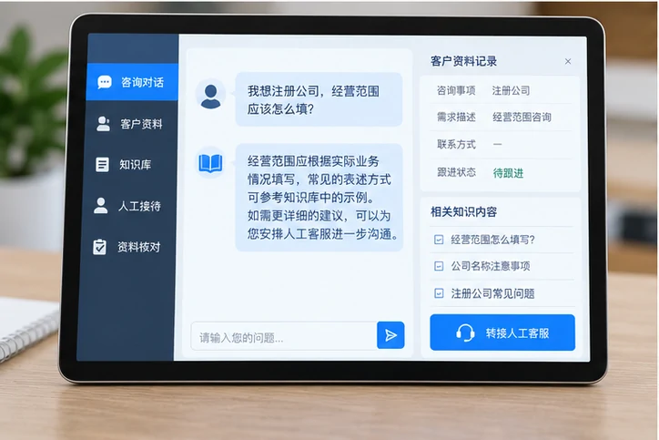 在线客服接待与咨询整理的服务场景示意
