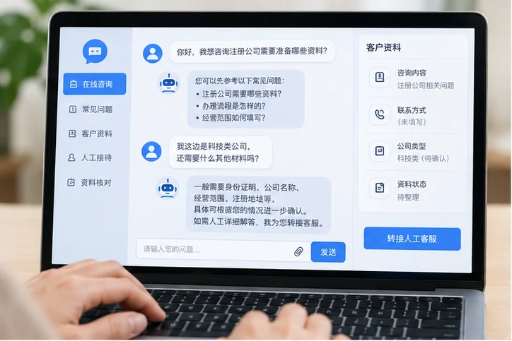 在线客服接待与咨询整理的服务场景示意