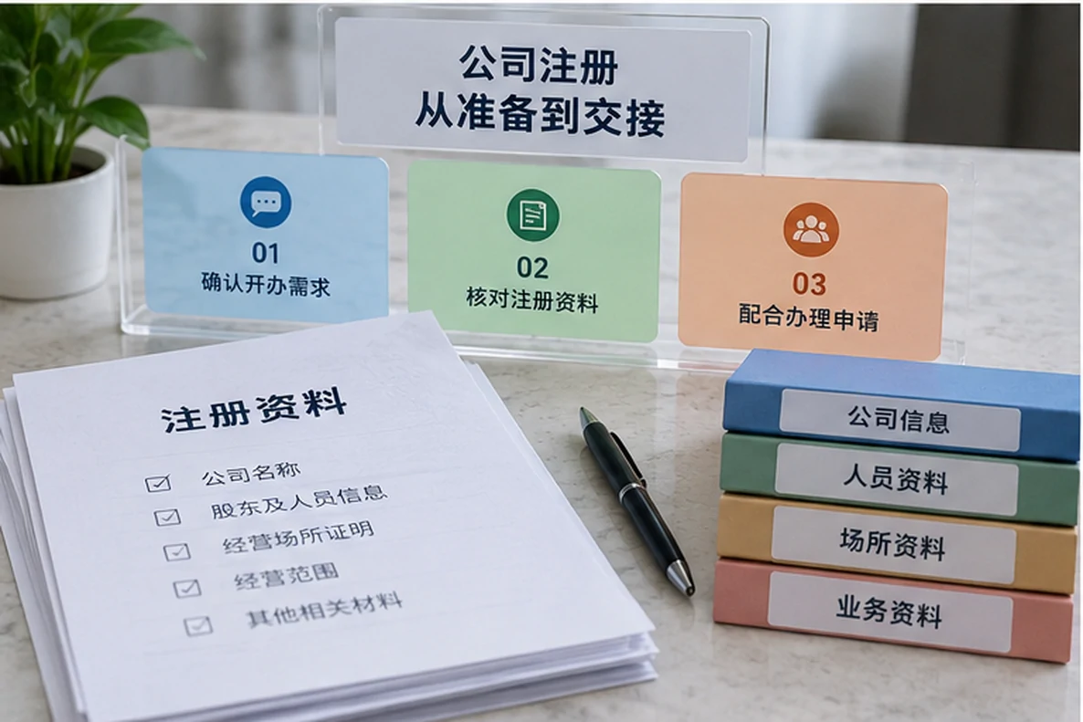 核对注册公司资料与办理事项的服务场景示意
