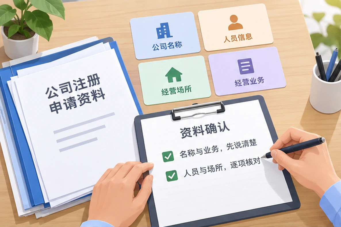 核对注册公司资料与办理事项的服务场景示意