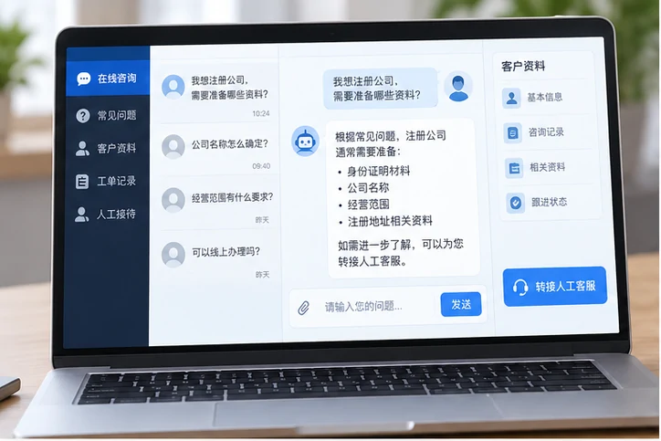 在线客服接待与咨询整理的服务场景示意