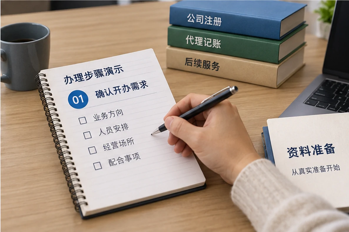 核对注册公司资料与办理事项的服务场景示意