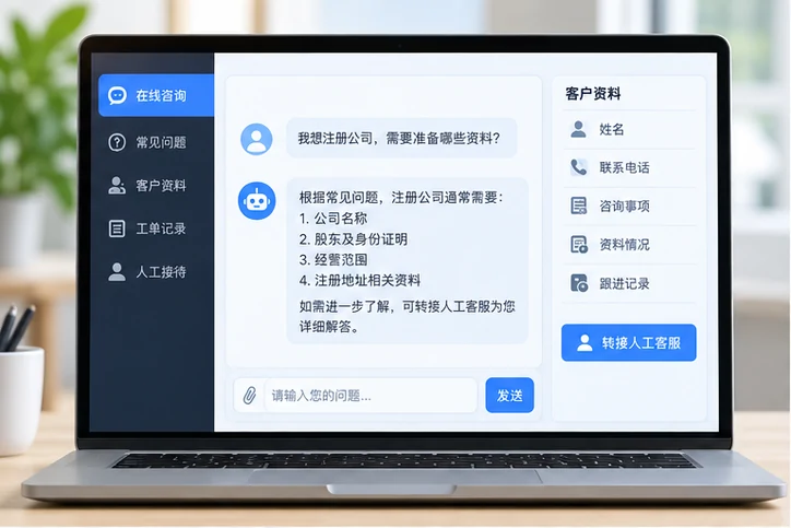 在线客服接待与咨询整理的服务场景示意