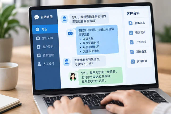 在线客服接待与咨询整理的服务场景示意