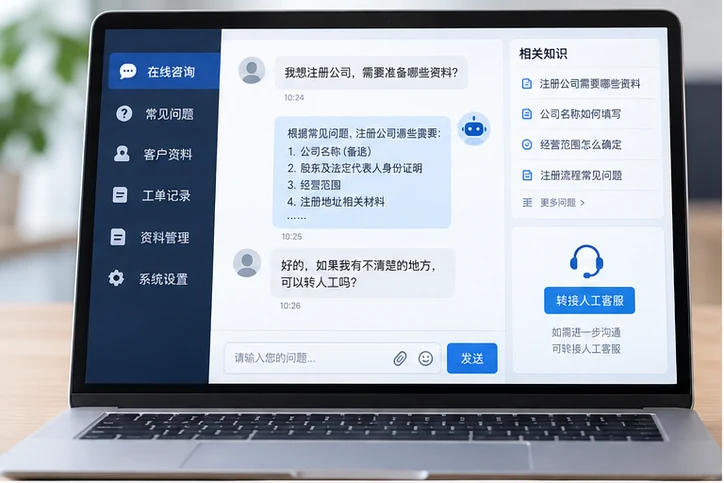 在线客服接待与咨询整理的服务场景示意