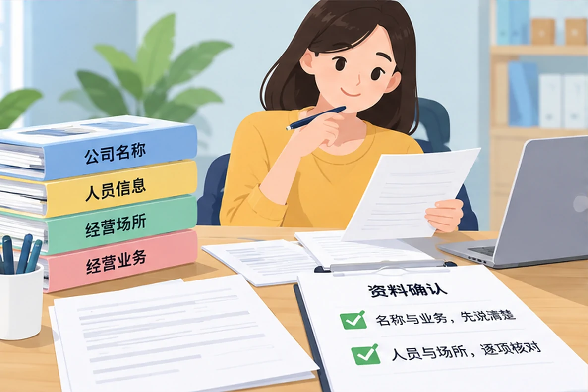 核对注册公司资料与办理事项的服务场景示意