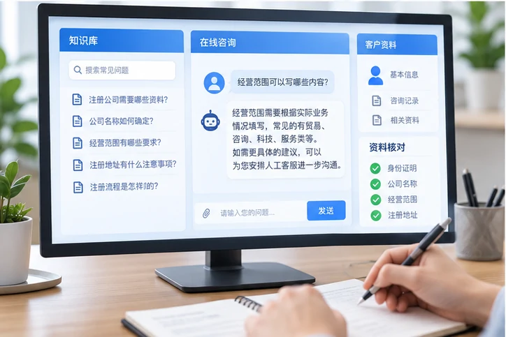 在线客服接待与咨询整理的服务场景示意