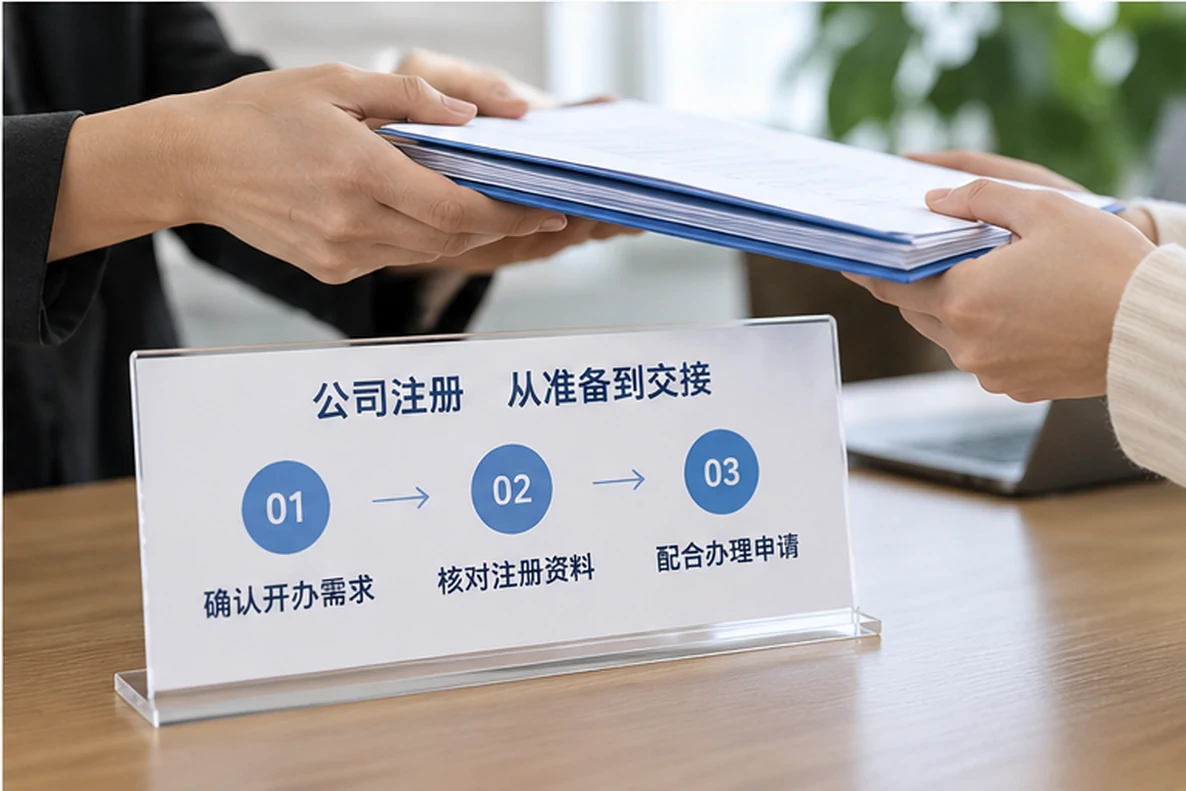 核对注册公司资料与办理事项的服务场景示意