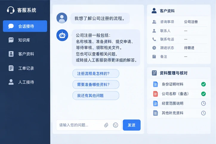 在线客服接待与咨询整理的服务场景示意