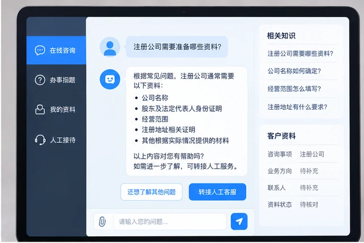 在线客服接待与咨询整理的服务场景示意
