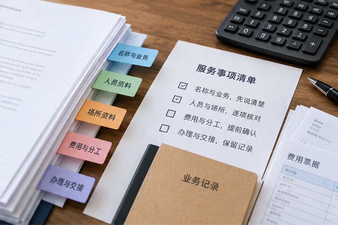 核对注册公司资料与办理事项的服务场景示意