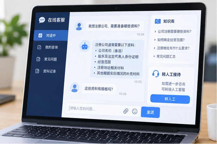 在线客服接待与咨询整理的服务场景示意