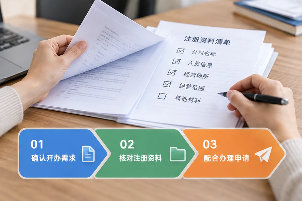 核对注册公司资料与办理事项的服务场景示意