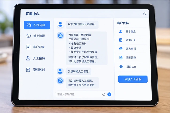 在线客服接待与咨询整理的服务场景示意