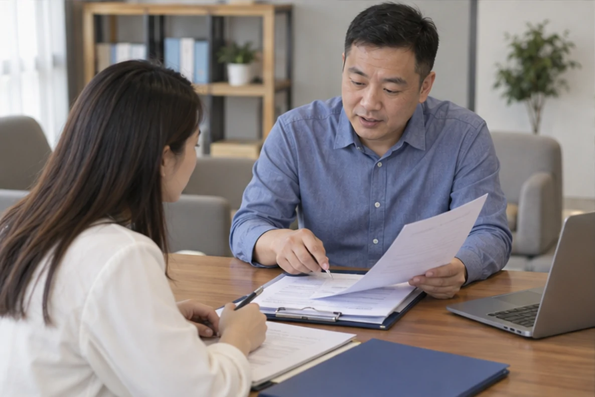 核对注册公司资料与办理事项的服务场景示意