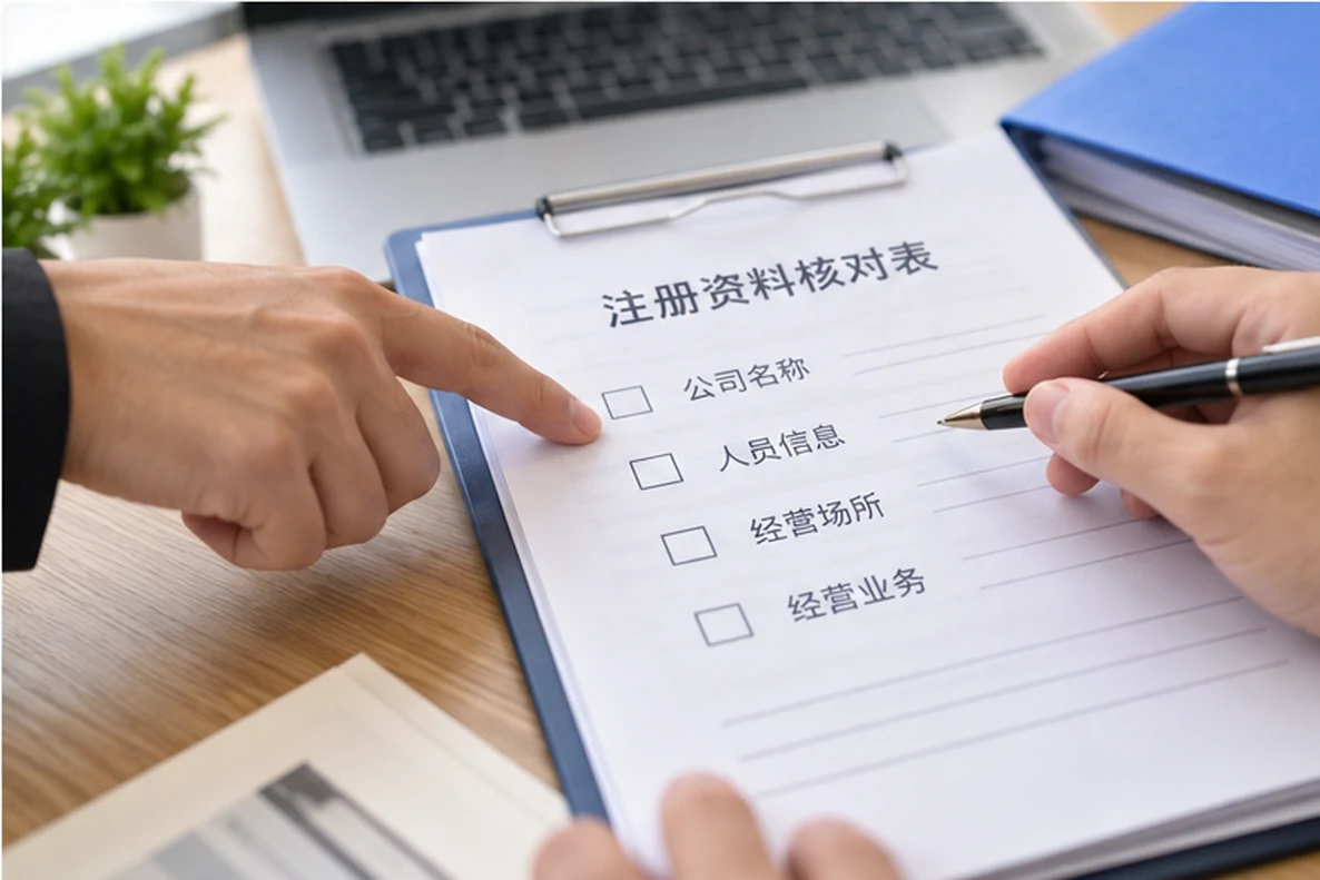 核对注册公司资料与办理事项的服务场景示意