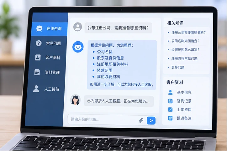 在线客服接待与咨询整理的服务场景示意