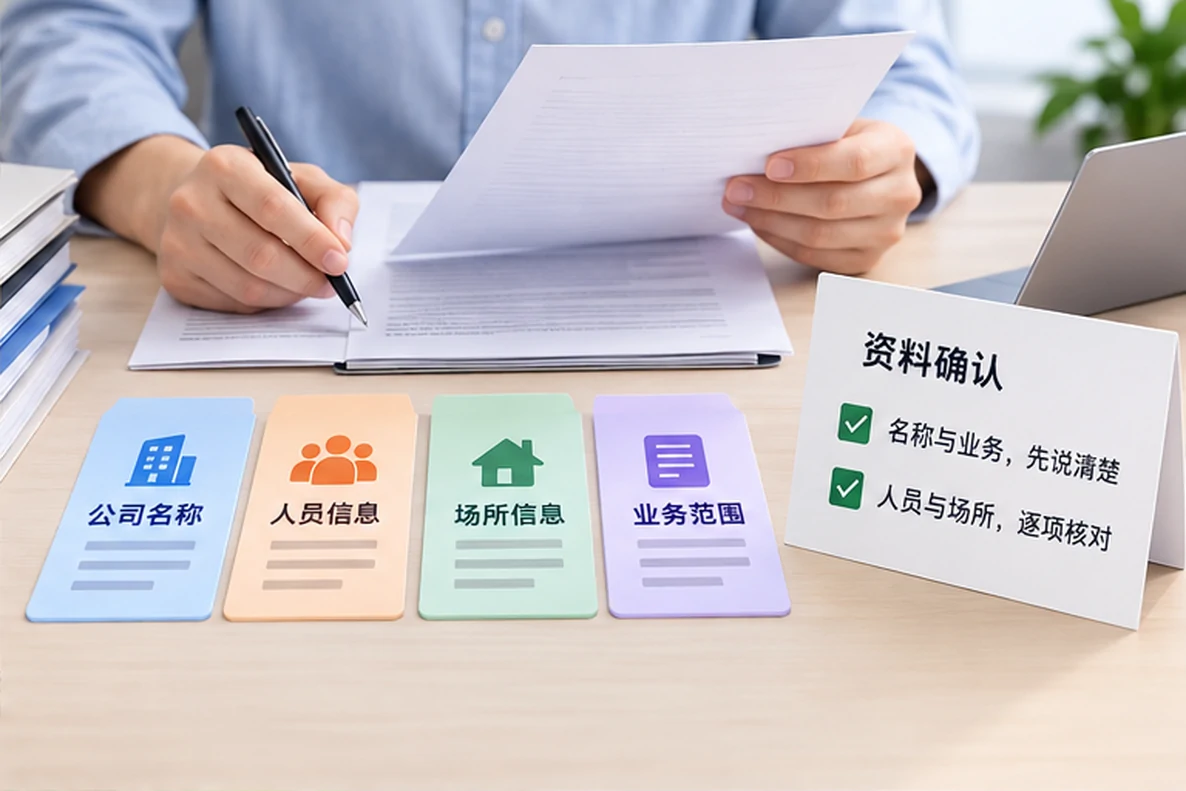 核对注册公司资料与办理事项的服务场景示意