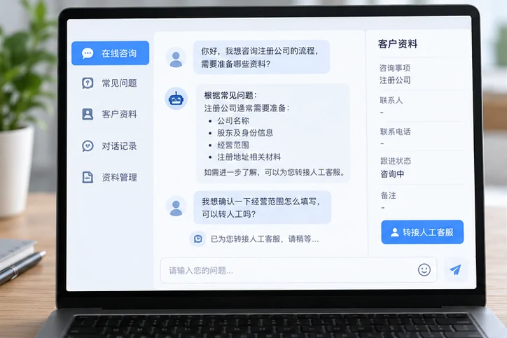 在线客服接待与咨询整理的服务场景示意