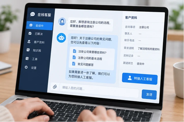 在线客服接待与咨询整理的服务场景示意