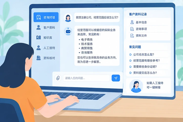 在线客服接待与咨询整理的服务场景示意