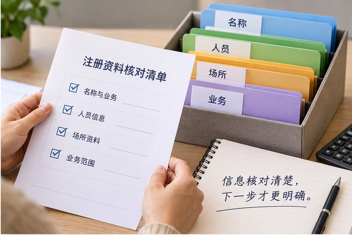 核对注册公司资料与办理事项的服务场景示意