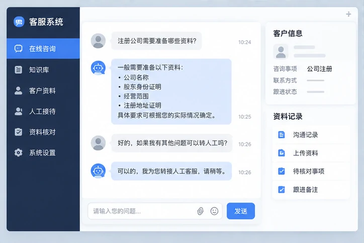 在线客服接待与咨询整理的服务场景示意