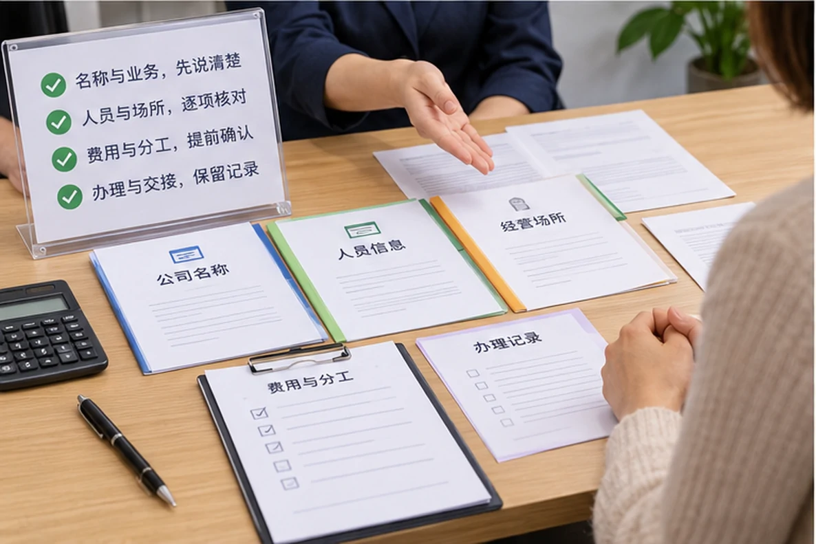 核对注册公司资料与办理事项的服务场景示意