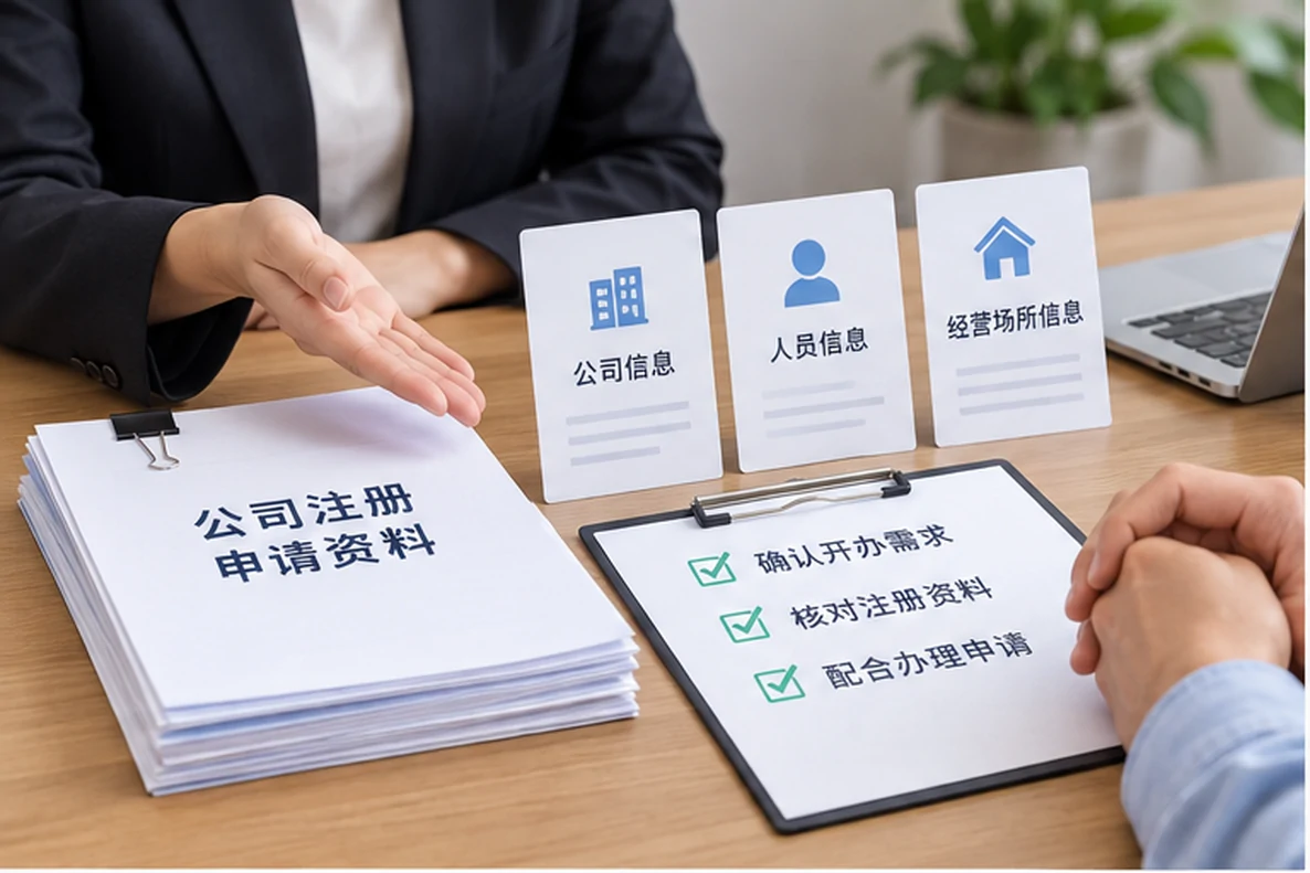 核对注册公司资料与办理事项的服务场景示意
