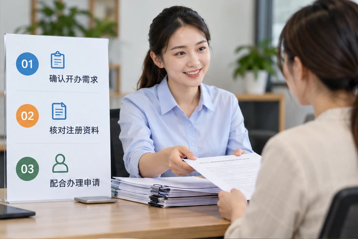 核对注册公司资料与办理事项的服务场景示意