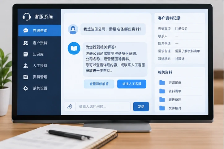 在线客服接待与咨询整理的服务场景示意