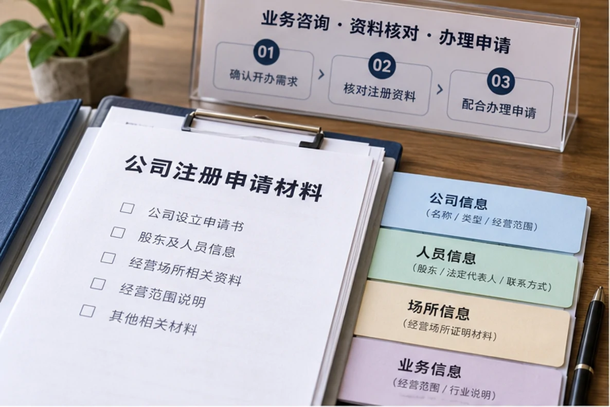 核对注册公司资料与办理事项的服务场景示意