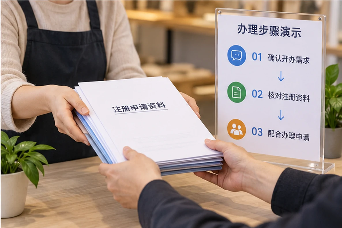 核对注册公司资料与办理事项的服务场景示意