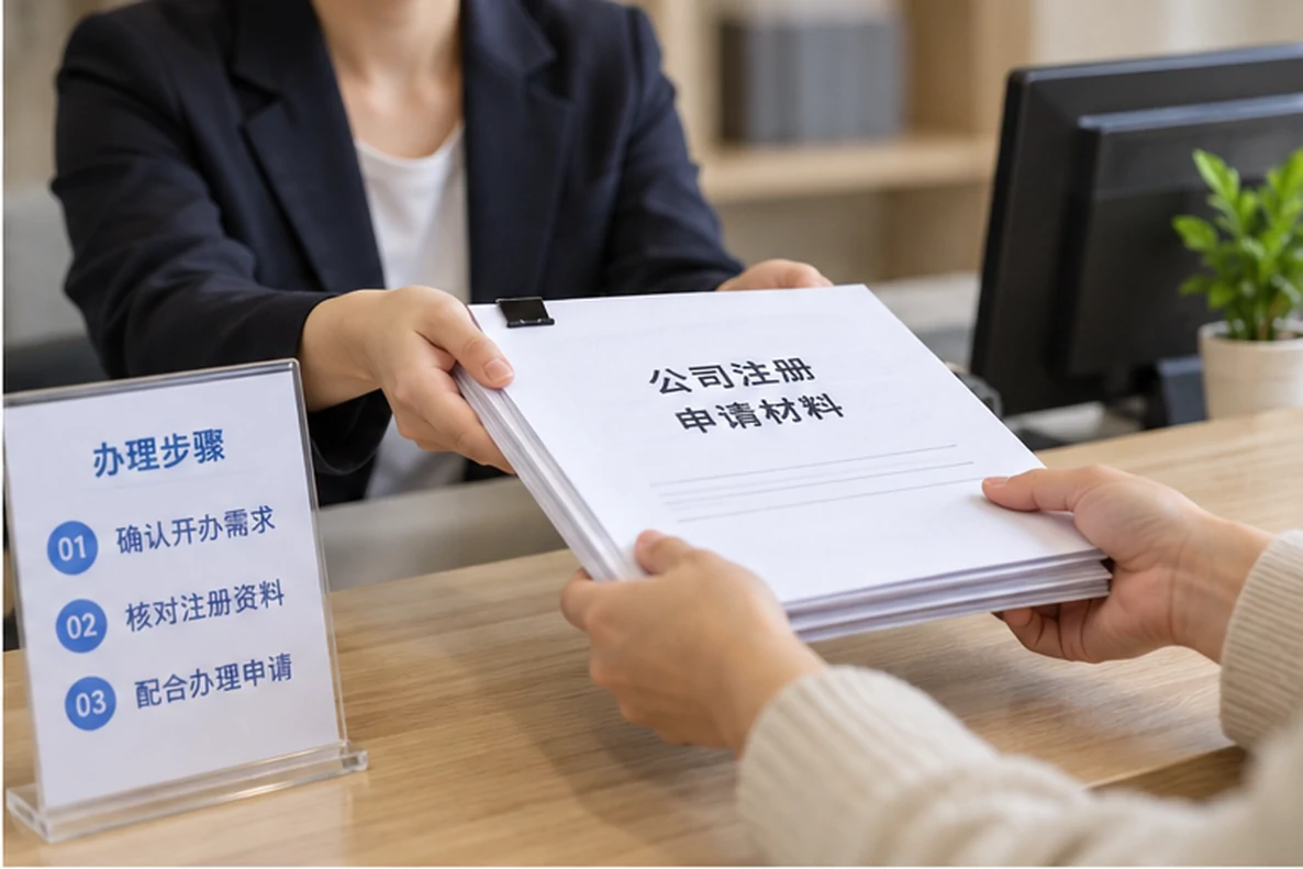 核对注册公司资料与办理事项的服务场景示意