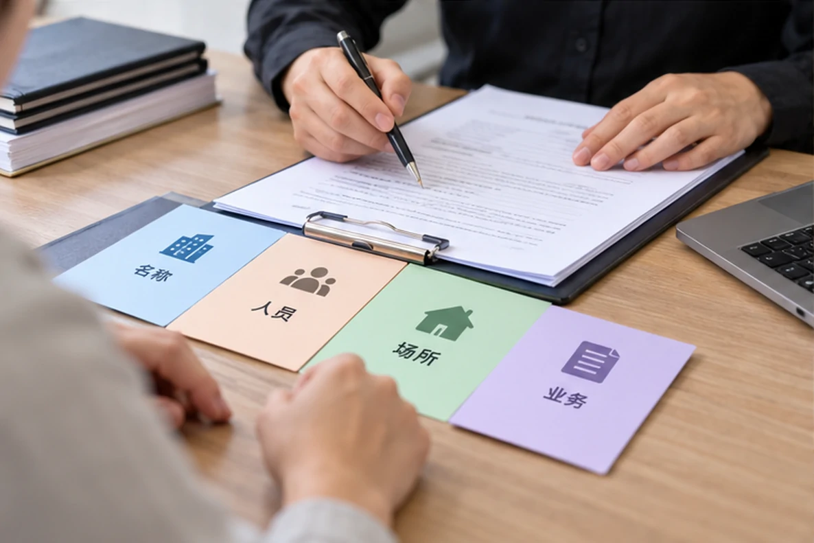 核对注册公司资料与办理事项的服务场景示意