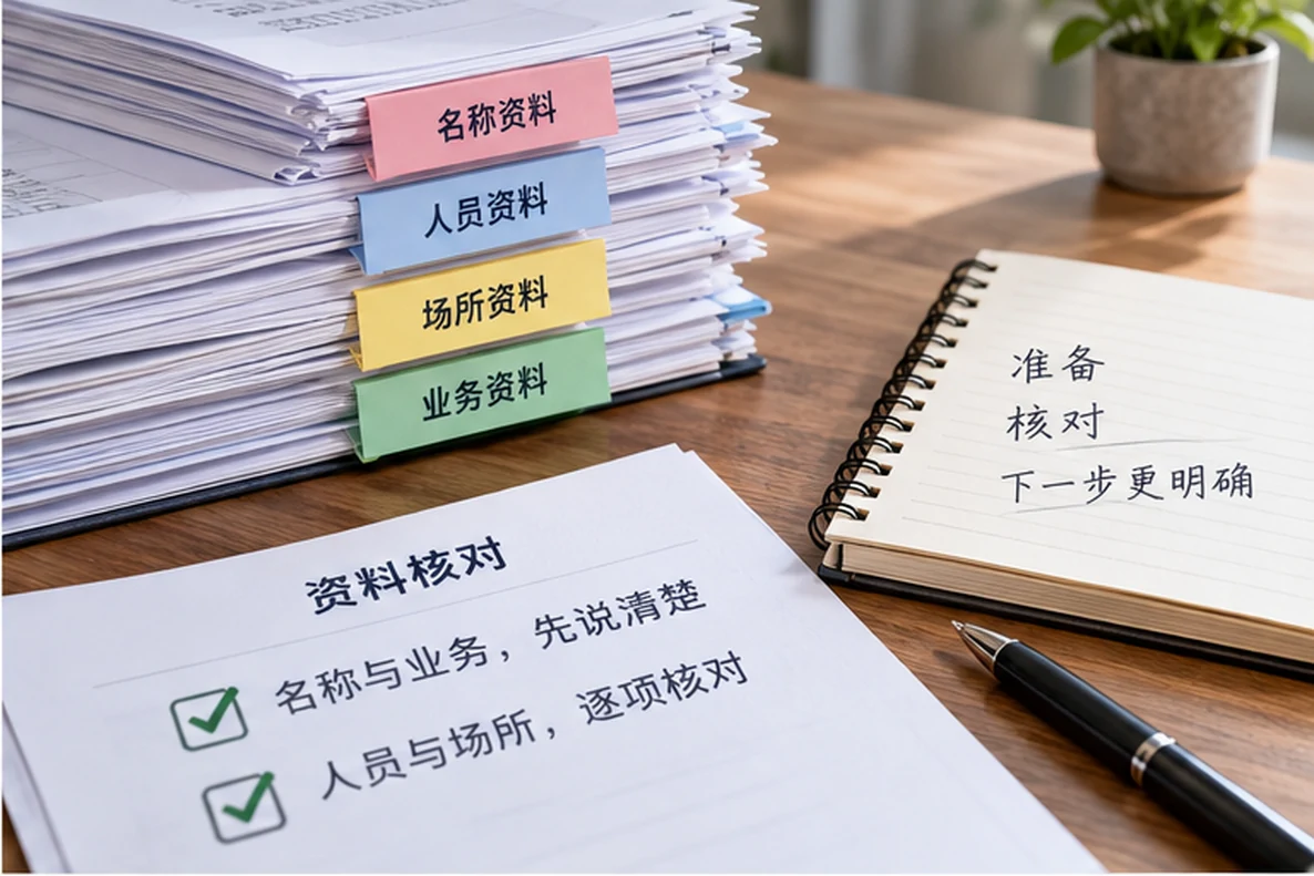 核对注册公司资料与办理事项的服务场景示意