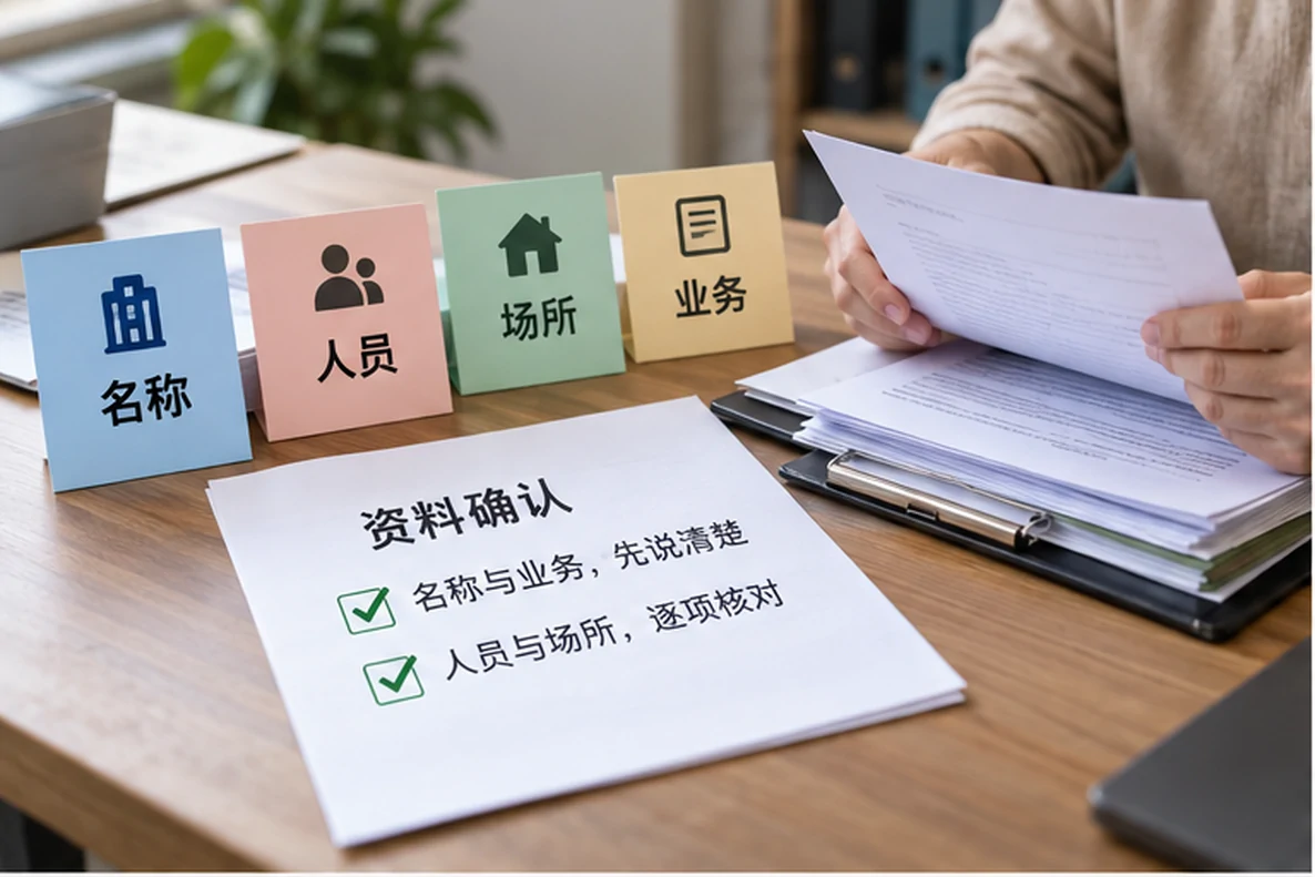 核对注册公司资料与办理事项的服务场景示意